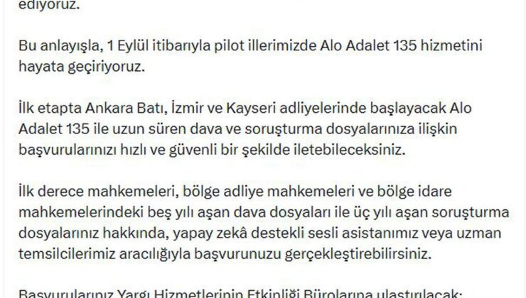 Alo Adalet 135 hizmeti 1 Eylül’de pilot illerde başlıyor