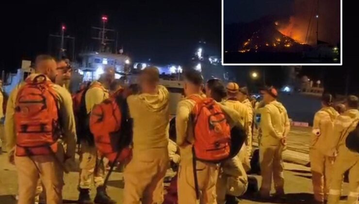 Marmaris’teki orman yangınına müdahale için arazözler çıkarma gemileriyle bölgeye gidiyor